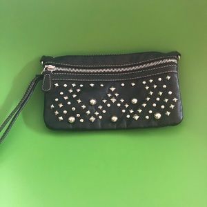 Black Photo leather clutch with studs